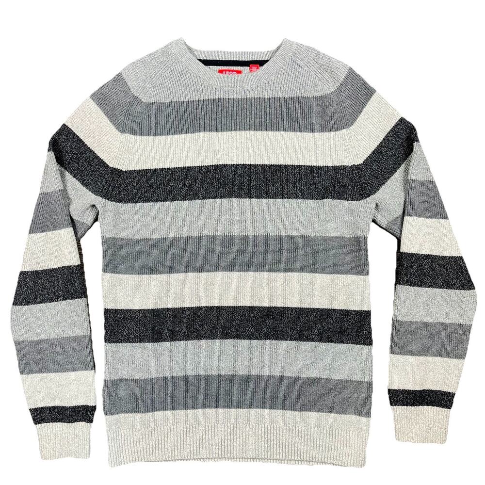 Izod Sweater Mens XL Striped Knit Black Gray Long Sleeve Preppy Academia Coastal